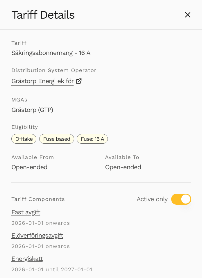 The console's tariff details panel: the tariff's name, its DSO, its metering grid area, eligibility tags for offtake and fuse size, and its components with the dates each applies
