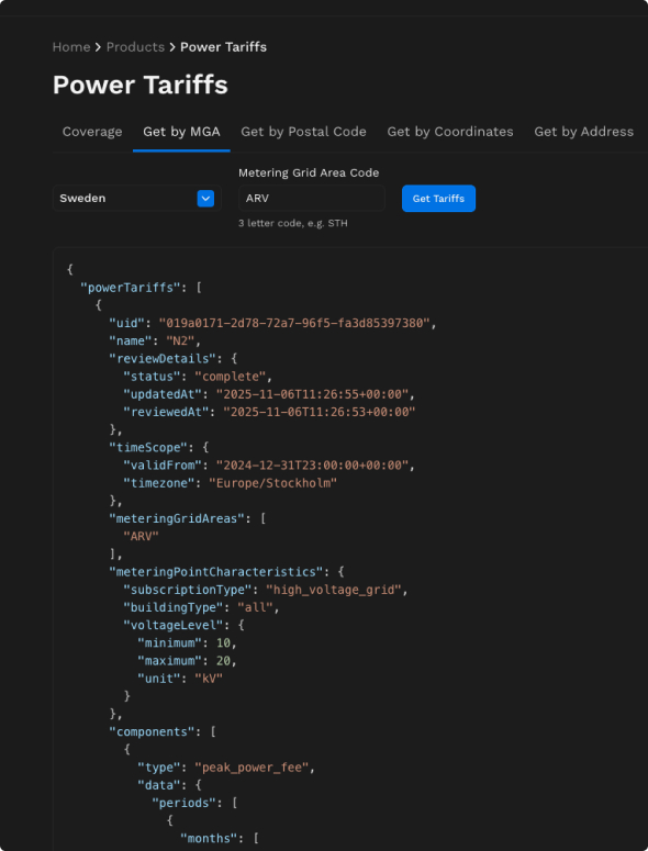 Screenshot of Querys by coordinates, DSO name, Metering Grid Area or address in the Engrate Platform