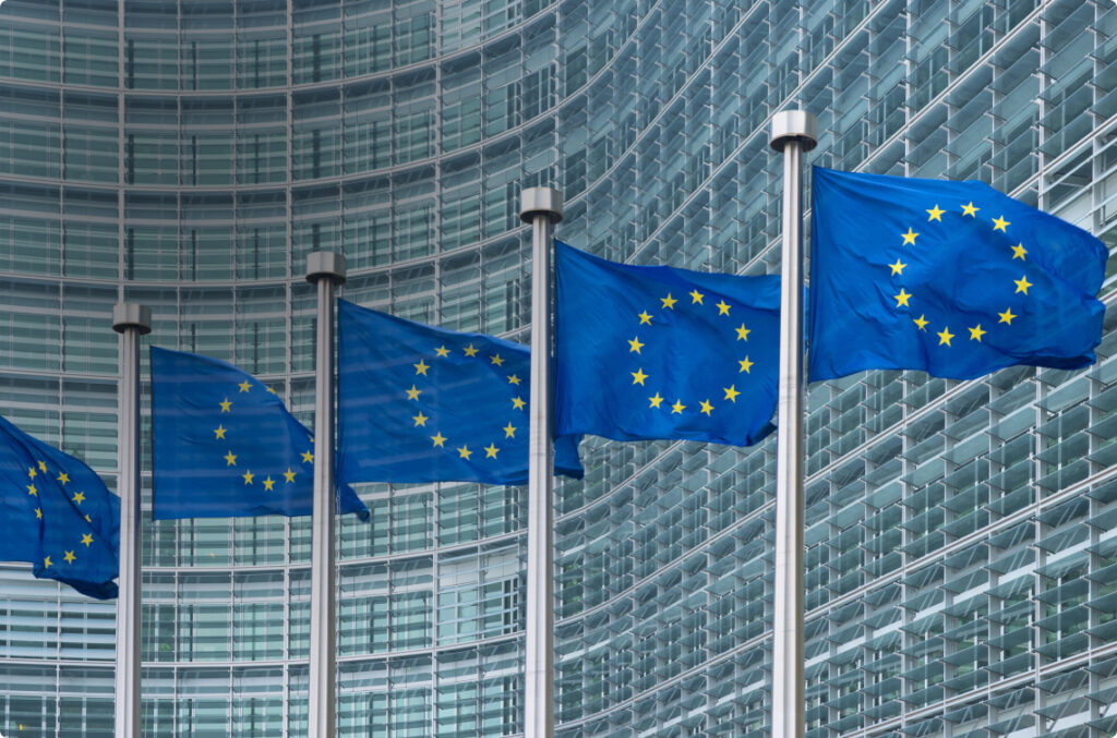EC flags in front of Berlaymont building in Brussels, Belgium